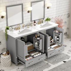60" Grey Bathroom Vanity Set with Double Vanities (Separate), Double Ceramic Sinks, Storage Shelf, and Divided Drawers (Mirror not included)– Modern Bathroom Solution for Spacious Bathrooms