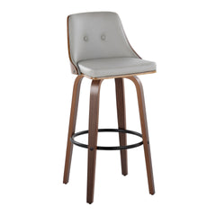 Gianna Mid-Century Modern Fixed-Height Barstool with Swivel in Walnut Wood and Light Grey Faux Leather with Round Black Metal Footrest by LumiSource - Set of 2