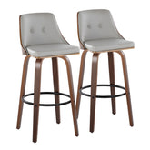 Gianna Mid-Century Modern Fixed-Height Barstool with Swivel in Walnut Wood and Light Grey Faux Leather with Round Black Metal Footrest by LumiSource - Set of 2