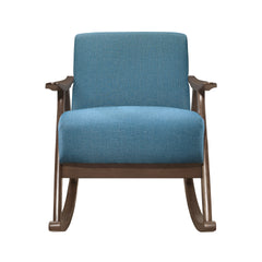 Modern Home Furniture 1pc Rocking Chair Blue Fabric Upholstered Dark Walnut Finish Wood Cushion Seat and Back