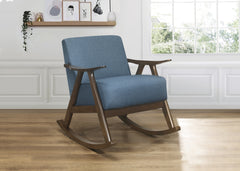 Modern Home Furniture 1pc Rocking Chair Blue Fabric Upholstered Dark Walnut Finish Wood Cushion Seat and Back