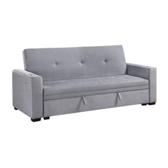 Modern Convertible Sofa with Hidden Storage Cup Holders Charging Ports Gray Velvet Solid Wood Living Room Furniture 1pc