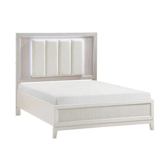 Antique White Finish King Bed with LED Headboard Upholstered Cushion Modern Bedroom Furniture 1pc, Reeded Fronts