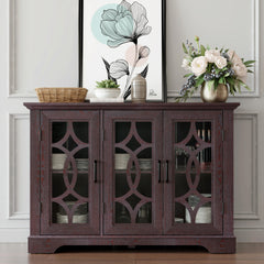 48.66" x 15.55" x 34.06" Spacious size sideboard 3 clear tempered glass doors buffet with adjustable shelf, MDF with dark RED decorative laminates storage cabinet for dinning room, kitchen,living room