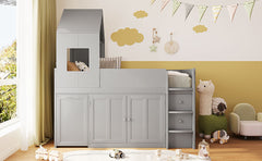 Twin Size Wooden Loft Bed with Desk, Drawers,Cabinets,Gray