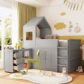 Twin Size Wooden Loft Bed with Desk, Drawers,Cabinets,Gray