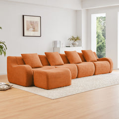 L-Shaped 4-Seat Boneless Sofa,Teddy Fabric No Assembly Required Curved Armrest,Anti-slip Design, Assembly Chaise,32D High Density Sponge Full Compression Vacuum Packag,For Studies living Rooms,Orange