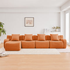 L-Shaped 4-Seat Boneless Sofa,Teddy Fabric No Assembly Required Curved Armrest,Anti-slip Design, Assembly Chaise,32D High Density Sponge Full Compression Vacuum Packag,For Studies living Rooms,Orange