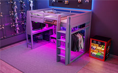 Wood Full Size Gaming Loft Bed with Desk, Multi-storage Shelves, LED and a Hanging Clothes Rack, Gray