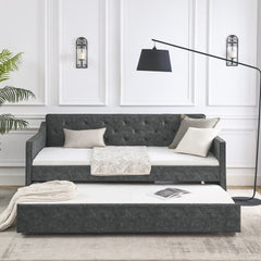 Twin Size Daybed with Twin Size Trundle Upholstered Tufted Sofa Bed, Waved Shape Arms, Grey (80.5"x44.5"x33.5")