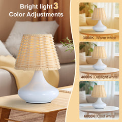 White Woven Bamboo Table Lamp Dimmable Desk Lamp Night Light with Iron Base & Three Color Temperatures