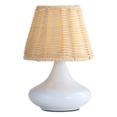 White Woven Bamboo Table Lamp Dimmable Desk Lamp Night Light with Iron Base & Three Color Temperatures