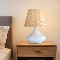 White Woven Bamboo Table Lamp Dimmable Desk Lamp Night Light with Iron Base & Three Color Temperatures
