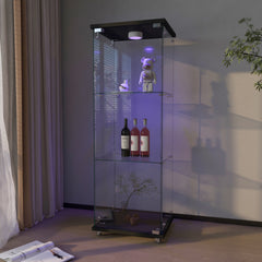 Modern Glass Display Cabinet with LED lights, Quick-assembly Antique Cabinet, Tempered Glass Bookshelf, Suitable for Living Room and Bedrooms, 1-door 3-shelf, Black