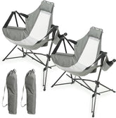 Hammock Camping Chair, Folding Portable Rocking Chair, Aluminum Alloy Adjustable Back Swinging Chair with Pillow Cup Holder, Recliner with Carry Bag for Outdoor Travel Lawn Backyard, Grey (2pcs)