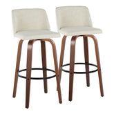Toriano 30" Mid-Century Modern Fixed-Height Barstool with Swivel in Walnut Wood and Cream Fabric with Round Black Metal Footrest by LumiSource - Set of 2