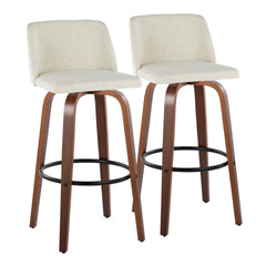 Toriano 30" Mid-Century Modern Fixed-Height Barstool with Swivel in Walnut Wood and Cream Fabric with Round Black Metal Footrest by LumiSource - Set of 2