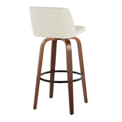 Toriano 30" Mid-Century Modern Fixed-Height Barstool with Swivel in Walnut Wood and Cream Fabric with Round Black Metal Footrest by LumiSource - Set of 2