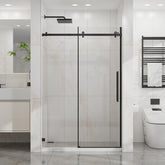 Goodyo 48" W x 72" H Sliding Shower Door, Frameless Sleek Glass Shower Door, 1/4" (6mm) Thick Tempered Clear Glass with Easy-clean Coating, Stainless Steel Hardware, Matte Black