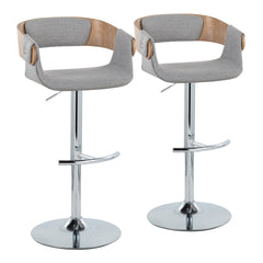 Elisa Mid-Century Modern Adjustable Barstool with Swivel in Chrome Metal, Whitewashed Wood and Grey Fabric with Rounded T Footrest by LumiSource - Set of 2