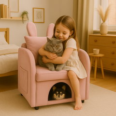 Velvet Pink Bunny-Ear Pet-Friendly Armchair with Built-in Cat & Dog Hideaway, Plush Dual-Use Sofa Chair with Side Pocket, 27.4 x 25.2 x 37.4 inch