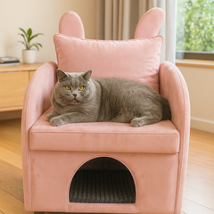 Velvet Pink Bunny-Ear Pet-Friendly Armchair with Built-in Cat & Dog Hideaway, Plush Dual-Use Sofa Chair with Side Pocket, 27.4 x 25.2 x 37.4 inch