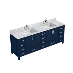 Navy Blue Double Bath Vanity 84 in. W x 22 in. D, Carrara Marble Top, and Faucet Set