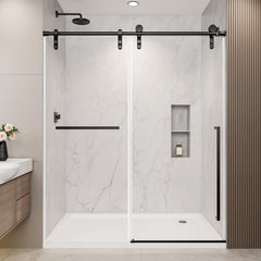 56"-60" W x 75" H Frameless Sliding Shower Door, Matte Black Shower Screen, 5/16" (8mm) Clear Tempered Glass With Explosion-proof Film