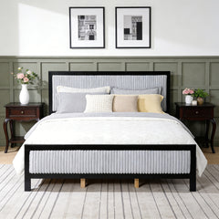 King Size Upholstered Bed with Fluffy Soft Headboard,Grey+Black Frame