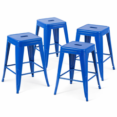 24 Inch Counter Height Stool, Backless Metal Bar Stools Set of 4, Non-Stackable, Detachable & Easy Assembly, Space-Saving Design for Kitchen Island/Bar/Café/Dining Room (Blue)