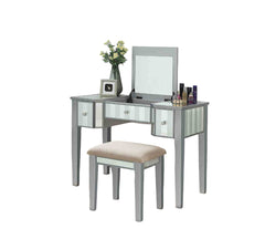 Transitional Style 1pc Vanity w/ Stool Set Core Design Storage Drawers Central Mirror Padded Stool Silver Finish Bedroom Furniture