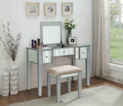 Transitional Style 1pc Vanity w/ Stool Set Core Design Storage Drawers Central Mirror Padded Stool Silver Finish Bedroom Furniture