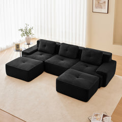 117" Modern U-Shaped Modular Sectional Sofa for Living Room, Corduroy Fabric, 3-Seater Couch with Deep Seat and Movable Ottoman,Pearl-like piping, Tufted Design,No Assembly, Anti-slip Design,Black