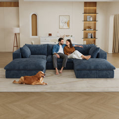 118.2" Cloud Sofa,Corduroy Fabric,Deep Seat Couches,Double-layer design,Removable Cushion,No Assembly, DIY Combination for Living room, Bedroom,Conference room ,Apartment,Blue