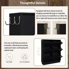Modern Elegant Narrow Tipping Bucket Shoe Cabinet with 6 Flip Drawers, Space Saving Design, Cream Style Entryway Organizer with Adjustable Shelf, Free-Standing Shoe Rack with 3 Silvery Hooks, Black