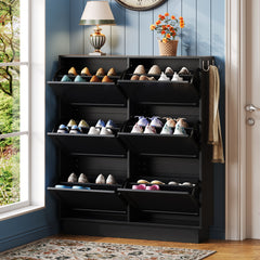 Modern Elegant Narrow Tipping Bucket Shoe Cabinet with 6 Flip Drawers, Space Saving Design, Cream Style Entryway Organizer with Adjustable Shelf, Free-Standing Shoe Rack with 3 Silvery Hooks, Black