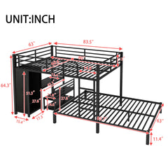 Queen over Queen Size Bunk Bed Frame with Built-in Wardrobe, Metal Bunk Bed with Desk and Storage Chairs, Black