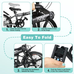 20 Inch Folding Bike for Adults with Basket, Phone Holder & Fenders, Steel Frame 6-Speed City Commuter, Dual V-Brake Portable Compact Bicycle for Men & Women