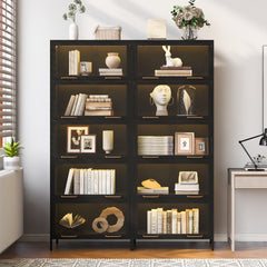 76.75'' Tall Iron Display Cabinet with Glass Doors, 5-Tier Steel Barister Bookcase with LED Lights for Collectibles, Modern Style Curio Cabinet for Home Living Room Office Study & Playroom - Black