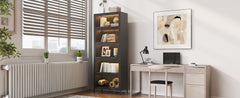 76.75'' Tall Iron Display Cabinet with Glass Doors, 5-Tier Steel Barister Bookcase with LED Lights for Collectibles, Modern Style Curio Cabinet for Home Living Room Office Study & Playroom - Black
