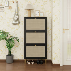 Rattan 3 Door Shoe Rack, Freestanding Modern Shoe Storage Cabinet, for Entryway