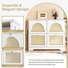 Mid-Century Narrow Design Tipping Bucket Shoe Cabinet with 4 Flip Drawers, Elegant Entryway Shoe Organizer with 4 Rattan Doors, Freestanding Shoe Rack with 2 Silvery Hooks for Hallway, White, 42.1"W