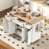K&K Fluted Kitchen Island with Storage, 55.5" Kitchen Island with Drop Leaf, Power Outlet, 4 Doors and 3 Drawers, Rolling Island Table with Wood-grain Top, Curved Edge for Kitchen,Dining Room White
