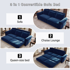 Chesterfield Sofa,93.7" King Pull Out Sofa Bed, 3-in-1 Velvet Convertible Sleeper Sofa with Nailhead Trim & Rolled Arm,Multi-Functional Sofa Bed for Living Room,Bedroom,Apartment,Office, Office, Blue