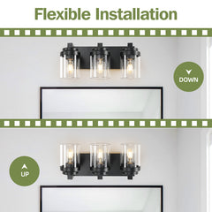 3 Light Bathroom Vanity Light, Matte Black Bathroom Light Fixtures with Clear Glass Shade, Vanity Light Fixtures Over Mirror for Bedroom Living Room(Bulb not included)