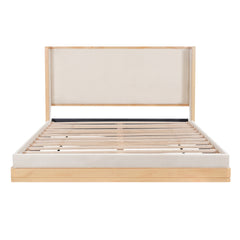 Mid-Century Modern Wood & Beige Upholstered Platform Bed,Queen