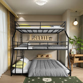 Triple Bed with Long and Short Ladder & Full-Length Guardrails , Easy Assembly ,for Kid Boy Girl ,Black,Custom mattress needed