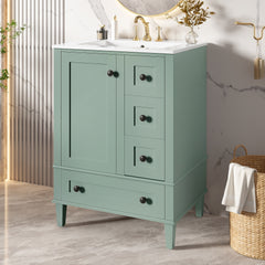 24-inch light green bathroom vanity with an integrated ceramic basin, featuring a door-mounted double-layer shelf, soft-close drawers, and a soft-close cabinet door