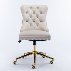 A&A Furniture Office Chair,Velvet Upholstered Tufted Button Home Office Chair with Golden Metal Base,Adjustable Desk Chair Swivel Office Chair (Beige)