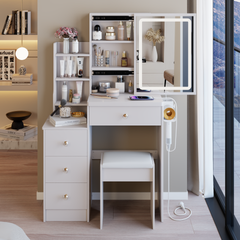 29.2 inch Small Size Left Bedside Cabinet Vanity Table + Cushioned Stool, 2 AC+2 USB Power Station, Hair dryer bracket, Extra Large Touch Control Sliding LED Mirror, Tri-color Switching, Brightness Adjust